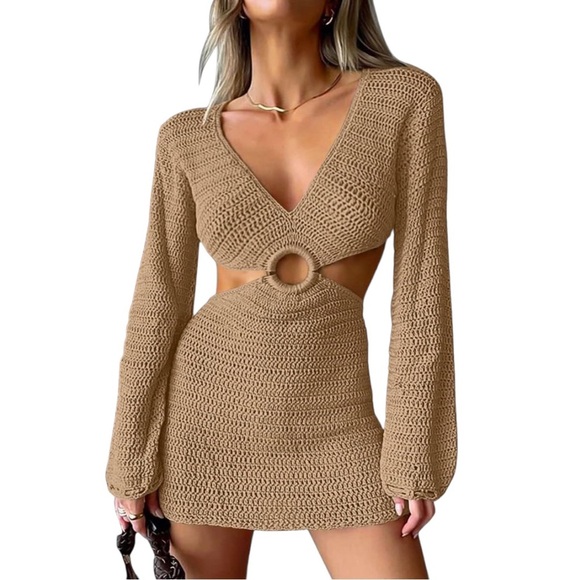 NWT Crochet Long Sleeve Side Cutouts Mini Dress Swim Cover Up Tan XL Large - Picture 1 of 5